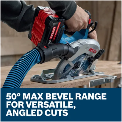 A worker using a Bosch GKS18V-68-2N 18V circular saw with a dust-collection hose cutting wood.