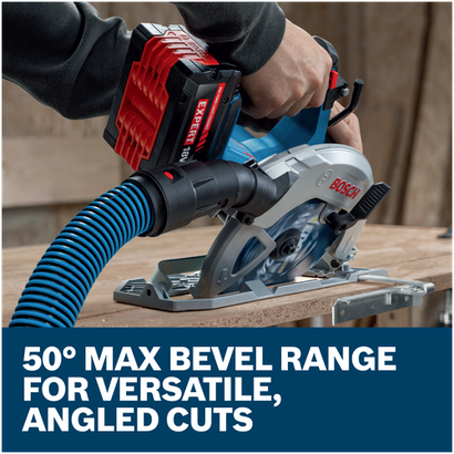 A worker using a Bosch GKS18V-68-2N 18V circular saw with a dust-collection hose cutting wood.