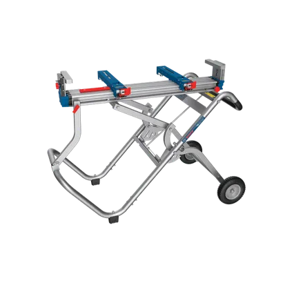 Product Image Dynamic of Bosch T4B Gravity-Rise Miter Saw Stand with Wheels on a white background.
