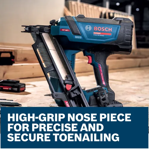 Features/Claims image of Bosch EXNH18V-90MDN 18V Brushless 30 Degree Framing Nailer with application.