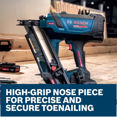 Features/Claims image of Bosch EXNH18V-90MDN 18V Brushless 30 Degree Framing Nailer with application.