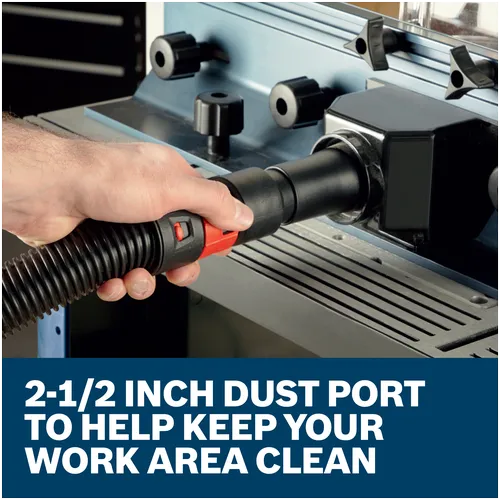 Features/Claims Image of Bosch RA1181 Benchtop Router with application and text on a blue background.