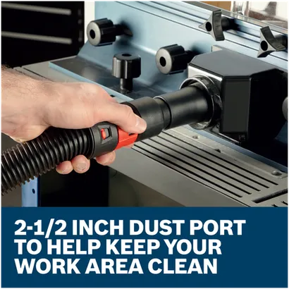Features/Claims Image of Bosch RA1181 Benchtop Router with application and text on a blue background.