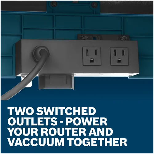 Features/Claims Image of Bosch RA1181 Benchtop Router with application and text on a blue background.