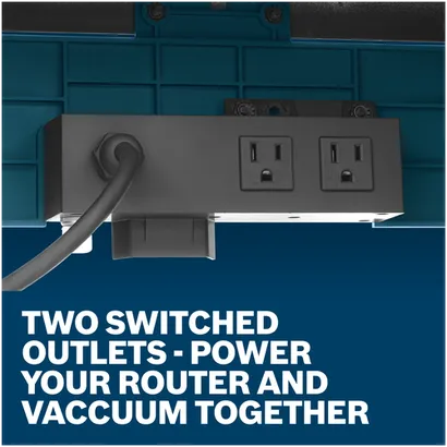 Features/Claims Image of Bosch RA1181 Benchtop Router with application and text on a blue background.