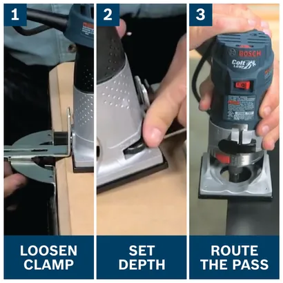 Features/Claims Image of Bosch PR20EVS Variable-Speed Palm Router with applications and text on blue background.