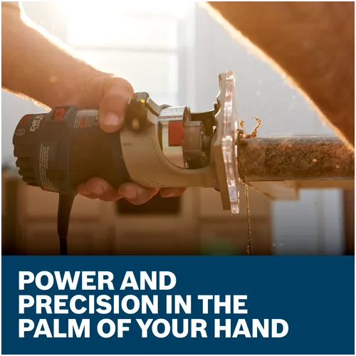Features/Claims Image of Bosch PR20EVS Variable-Speed Palm Router with applications and text on blue background.