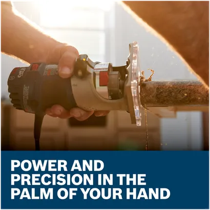 Features/Claims Image of Bosch PR20EVS Variable-Speed Palm Router with applications and text on blue background.