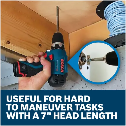 Features/Claims image of Bosch PS31-2A 12V Max 3/8 In. Drill/Driver Kit with applications and text on blue background.