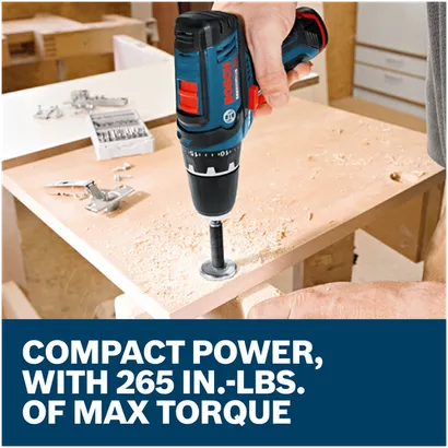 Features/Claims image of Bosch PS31-2A 12V Max 3/8 In. Drill/Driver Kit with applications and text on blue background.
