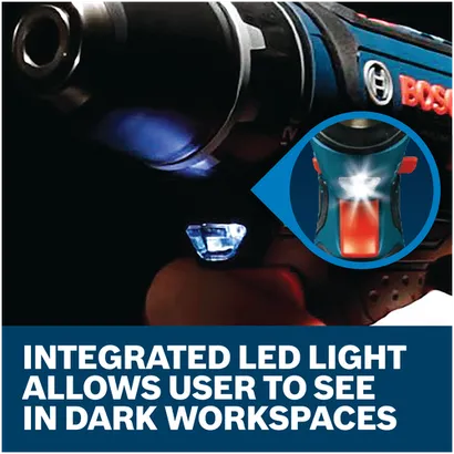 Features/Claims image of Bosch PS31-2A 12V Max 3/8 In. Drill/Driver Kit with applications and text on blue background.