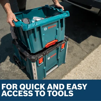 A person lifting a Bosch L-BOXX Contractor Tool Crate off of another contractor tool box.