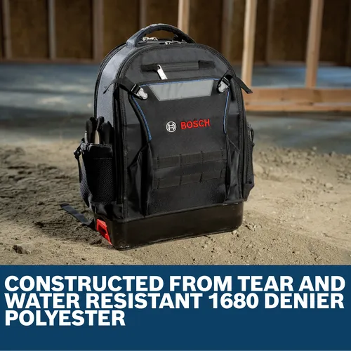 Features/Claims image of Bosch BACKPACK L-BOXX Contractor Backpack with application.