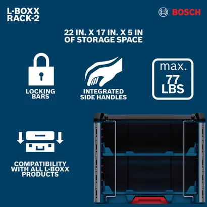 L-BOXX Contractor Rack showing 22×17×5 in storage, 77 lb max, locking bars, side handles, and L-BOXX compatibility.