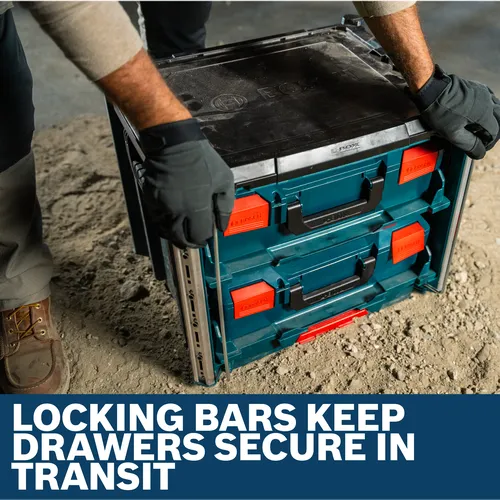 A worker with gloves holding a Bosch L-BOXX Contractor Rack shown with locking bars to keep drawers secure in transit.