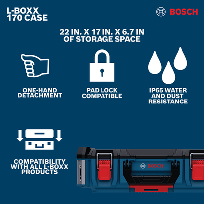 Features/Claims image of Bosch 170 L-BOXX Contractor Standard Box on a blue background.
