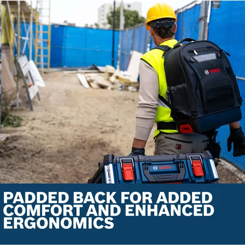 Features/Claims image of Bosch BACKPACK L-BOXX Contractor Backpack with application.