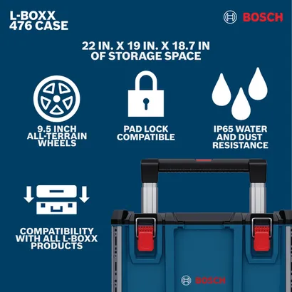 Features/Claims image of Bosch 476 L-BOXX Contractor Wheeled Box on a blue background.