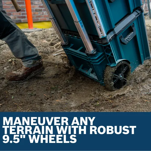 Bosch LBOXX3ST L-Boxx Contractor 3-Stack on large muddy wheels being pulled through a wet construction site.