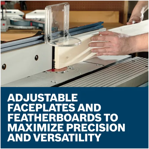 Features/Claims Image of Bosch RA1181 Benchtop Router with application and text on a blue background.