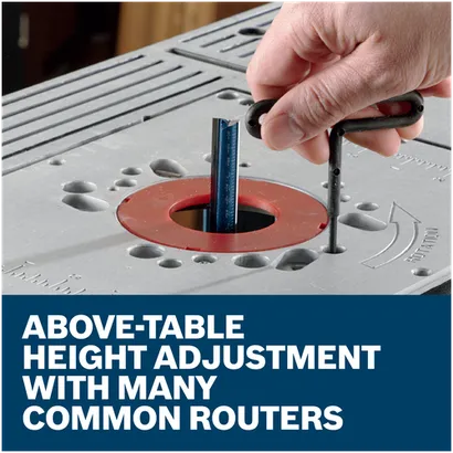 Features/Claims Image of Bosch RA1181 Benchtop Router with application and text on a blue background.