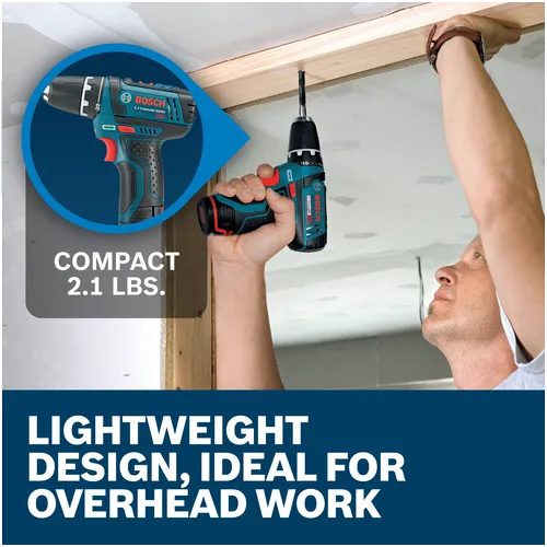 Features/Claims image of Bosch PS31-2A 12V Max 3/8 In. Drill/Driver Kit with applications and text on blue background.