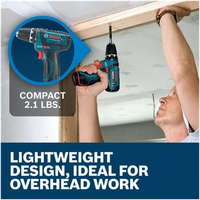 Features/Claims image of Bosch PS31-2A 12V Max 3/8 In. Drill/Driver Kit with applications and text on blue background.