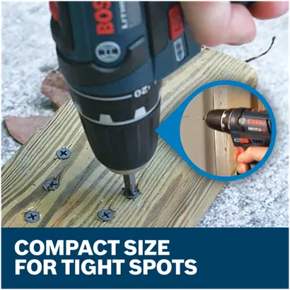Features/Claims image of Bosch PS31-2A 12V Max 3/8 In. Drill/Driver Kit with applications and text on blue background.