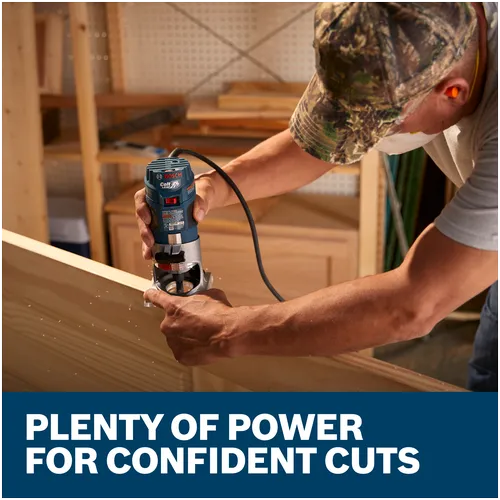 Features/Claims Image of Bosch PR20EVS Variable-Speed Palm Router with applications and text on blue background.