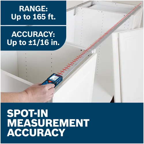Features/Claims image of Bosch GLM165-40 BLAZE™ Pro 165 Ft. Laser Measure with applications and text on blue background.