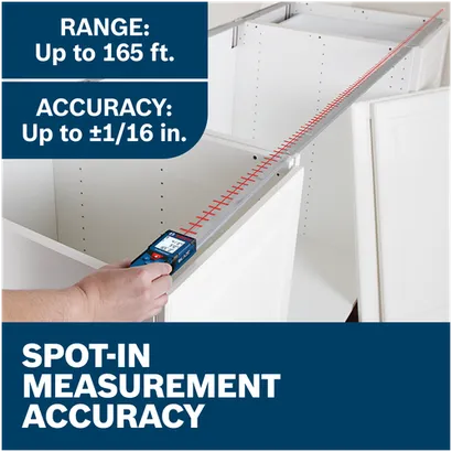 Features/Claims image of Bosch GLM165-40 BLAZE™ Pro 165 Ft. Laser Measure with applications and text on blue background.