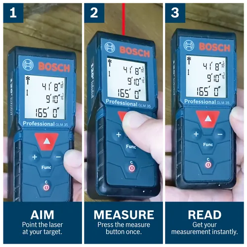 Features/Claims image of Bosch GLM165-40 BLAZE™ Pro 165 Ft. Laser Measure with applications and text on blue background.