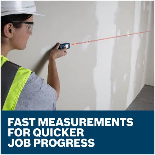 Features/Claims image of Bosch GLM165-40 BLAZE™ Pro 165 Ft. Laser Measure with applications and text on blue background.