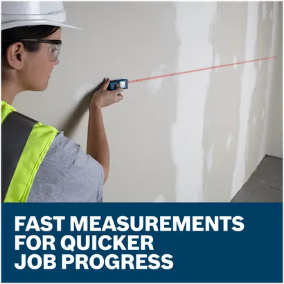 Features/Claims image of Bosch GLM165-40 BLAZE™ Pro 165 Ft. Laser Measure with applications and text on blue background.
