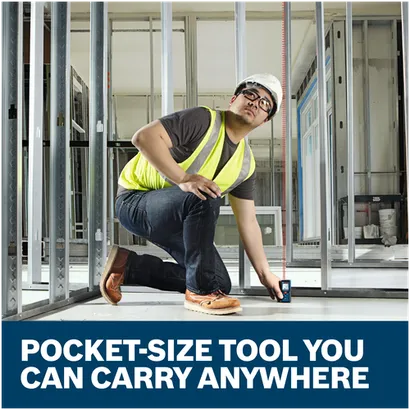 Features/Claims image of Bosch GLM165-40 BLAZE™ Pro 165 Ft. Laser Measure with applications and text on blue background.