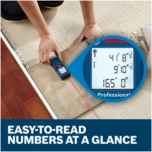 Features/Claims image of Bosch GLM165-40 BLAZE™ Pro 165 Ft. Laser Measure with applications and text on blue background.