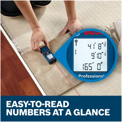 Features/Claims image of Bosch GLM165-40 BLAZE™ Pro 165 Ft. Laser Measure with applications and text on blue background.