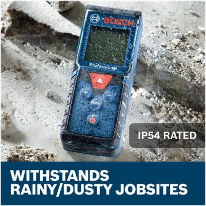 Features/Claims image of Bosch GLM165-40 BLAZE™ Pro 165 Ft. Laser Measure with applications and text on blue background.