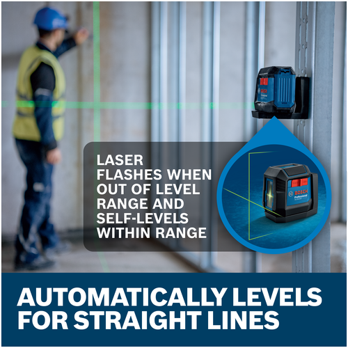 Features/Claims image of Bosch GLL50-20G Self-Leveling Cross-Line Laser with application and text on blue background.