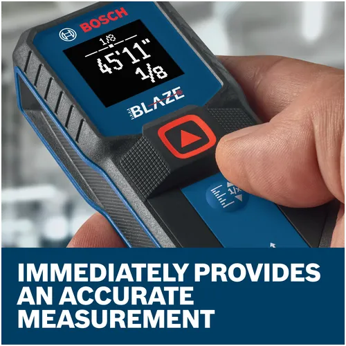 Features/Claims image of Bosch GLM100-23 BLAZE™ 100 Ft. Laser Measure with application and text on blue background.