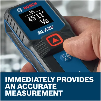 Features/Claims image of Bosch GLM100-23 BLAZE™ 100 Ft. Laser Measure with application and text on blue background.