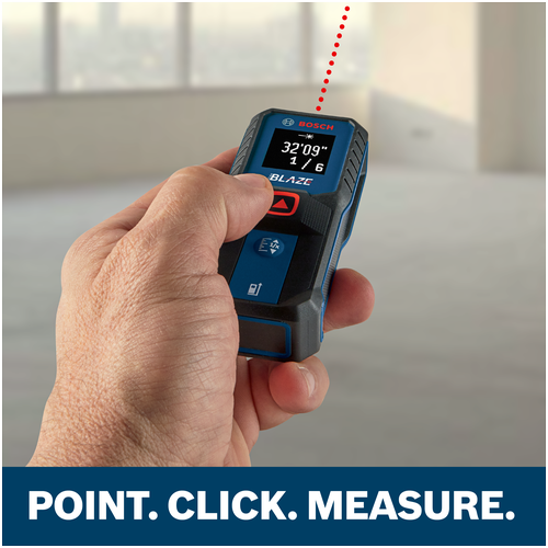 Features/Claims image of Bosch GLM100-23 BLAZE™ 100 Ft. Laser Measure with application and text on blue background.