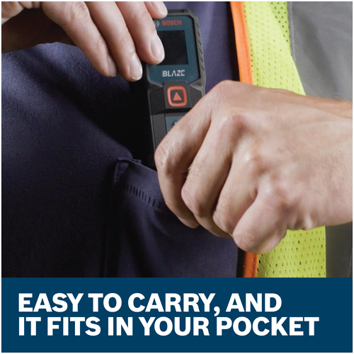 Features/Claims image of Bosch GLM100-23 BLAZE™ 100 Ft. Laser Measure with application and text on blue background.