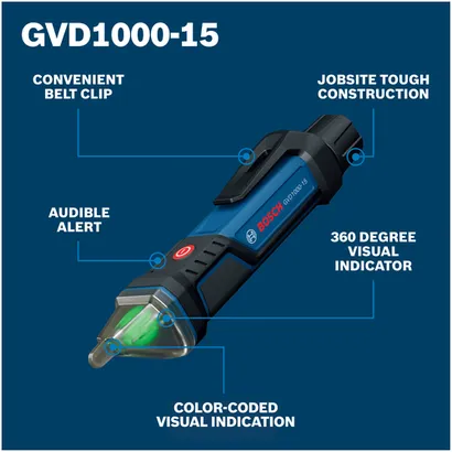 Walkaround Image of Bosch GVD1000-15 Non-Contact Voltage Tester on a blue background.