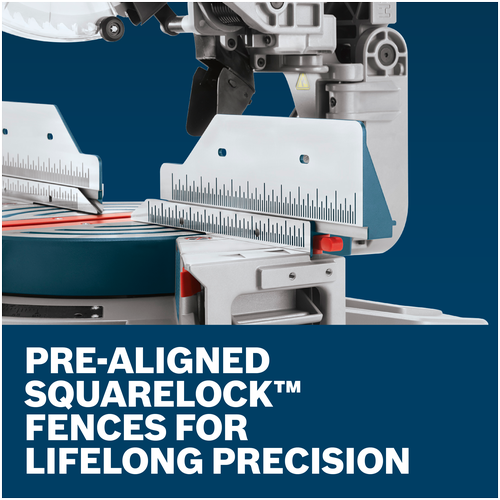 Features/Claims of Bosch GCM12SD 12 In. Dual-Bevel Glide Miter Saw with application and text on blue background.