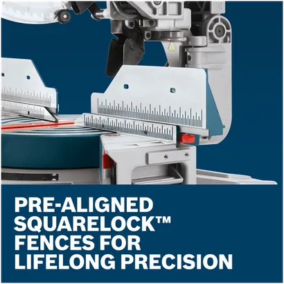 Features/Claims of Bosch GCM12SD 12 In. Dual-Bevel Glide Miter Saw with application and text on blue background.