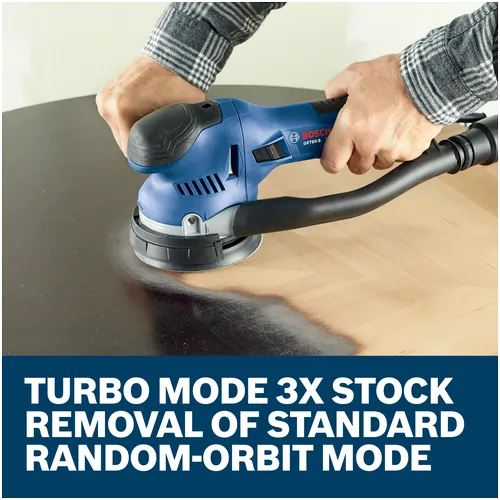 Features/Claims of Bosch GET75-6N 6 In. Dual-Mode Random Orbit Sander with application and text on blue background.