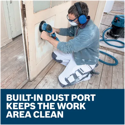 Features/Claims of Bosch GET75-6N 6 In. Dual-Mode Random Orbit Sander with application and text on blue background.