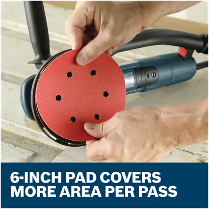 Features/Claims of Bosch GET75-6N 6 In. Dual-Mode Random Orbit Sander with application and text on blue background.