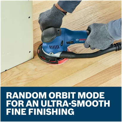 Features/Claims of Bosch GET75-6N 6 In. Dual-Mode Random Orbit Sander with application and text on blue background.